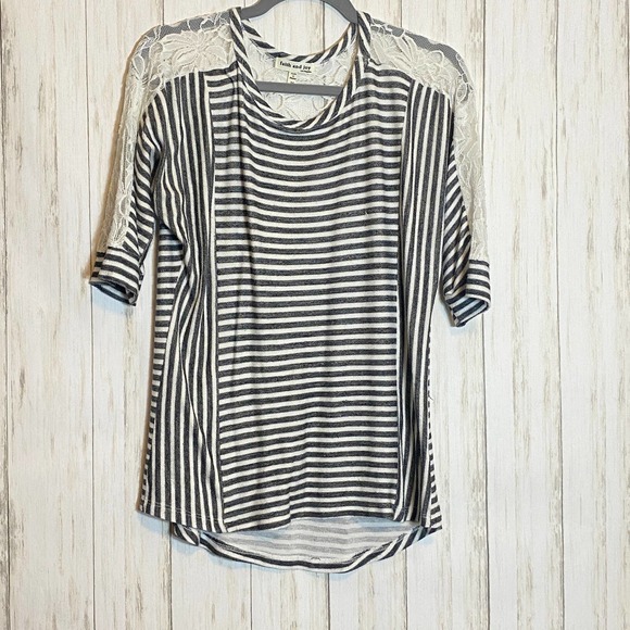 Gray / White Striped Lace Detail Sweater - Picture 1 of 6